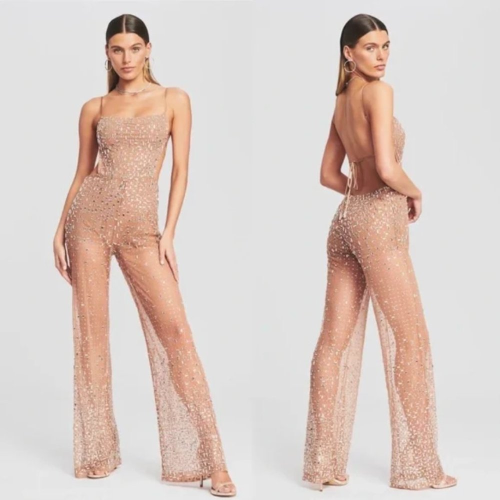 NWT RETROFETE Axel Sequined Jumpsuit Nude Silver Sheer Embellished Large L NEW